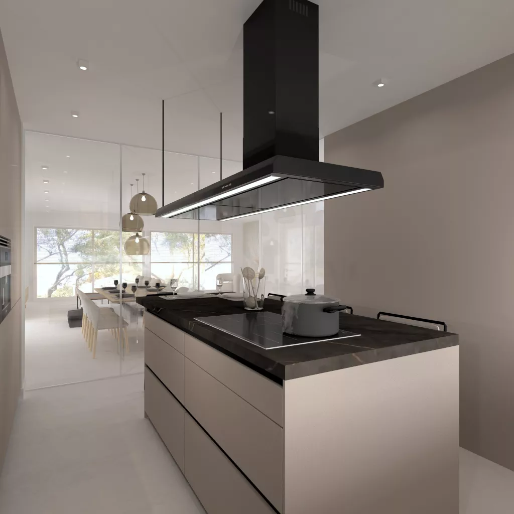 Cocina moderna en tonos arena con isla central