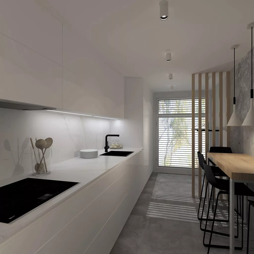 Cocina Blanca en Línea con Mobiliario de Cocinas Santos