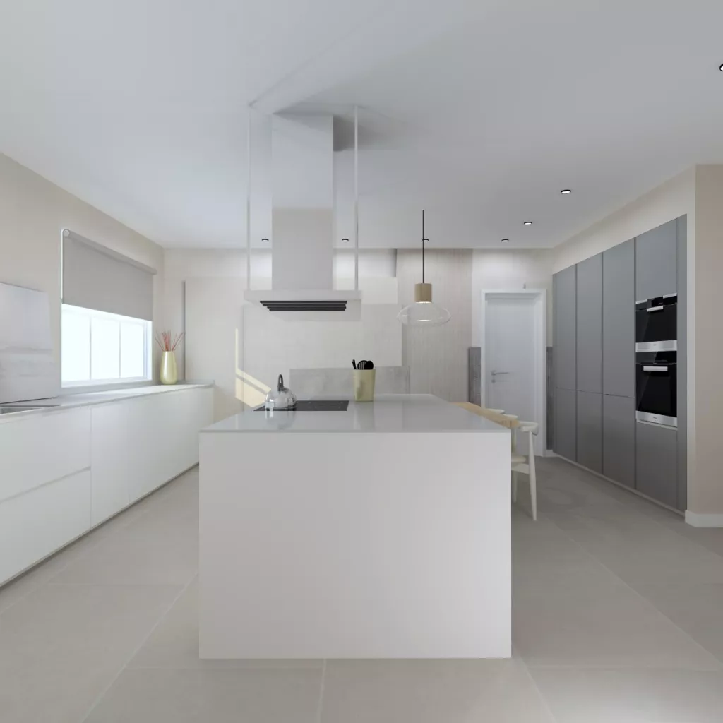 Cocina Santos color blanca con isla y encimera Dekton Zenith Mate