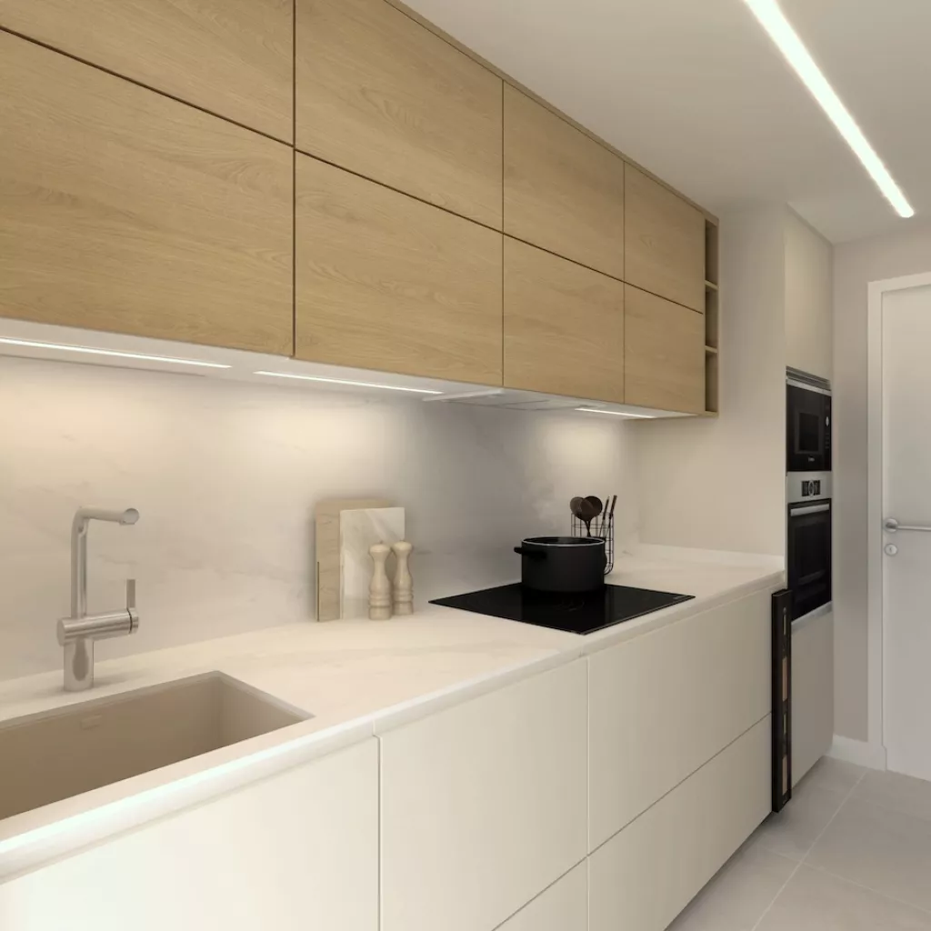 Muebles bajos blancos y altos en madera