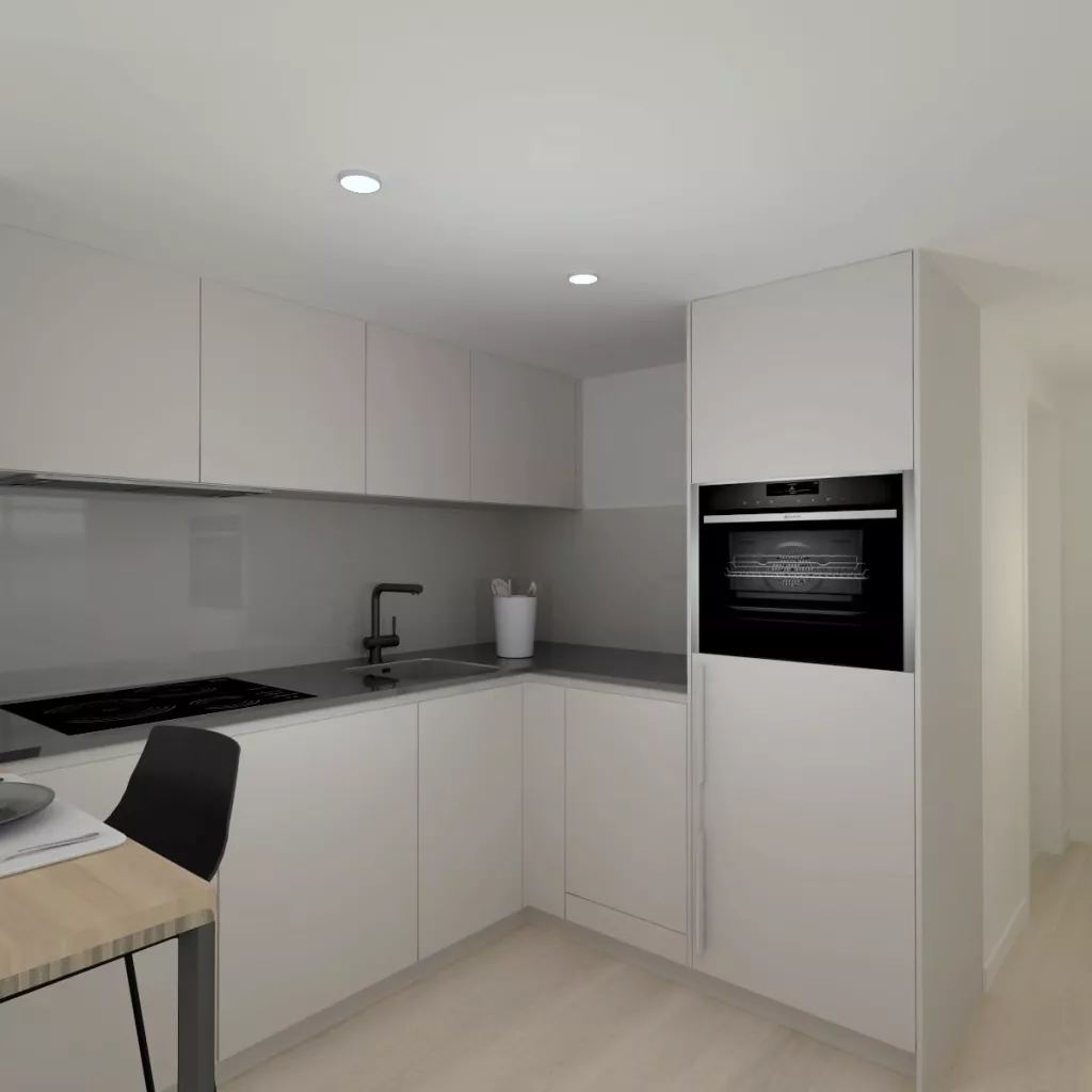 Cocina Cashmere en L con Barra de Madera