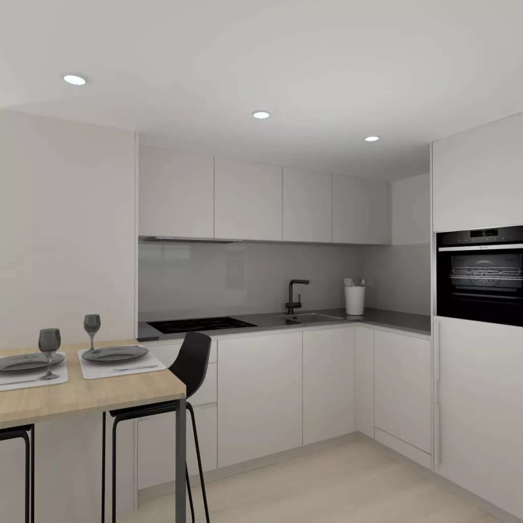 Cocina Santos en L con Barra de Madera