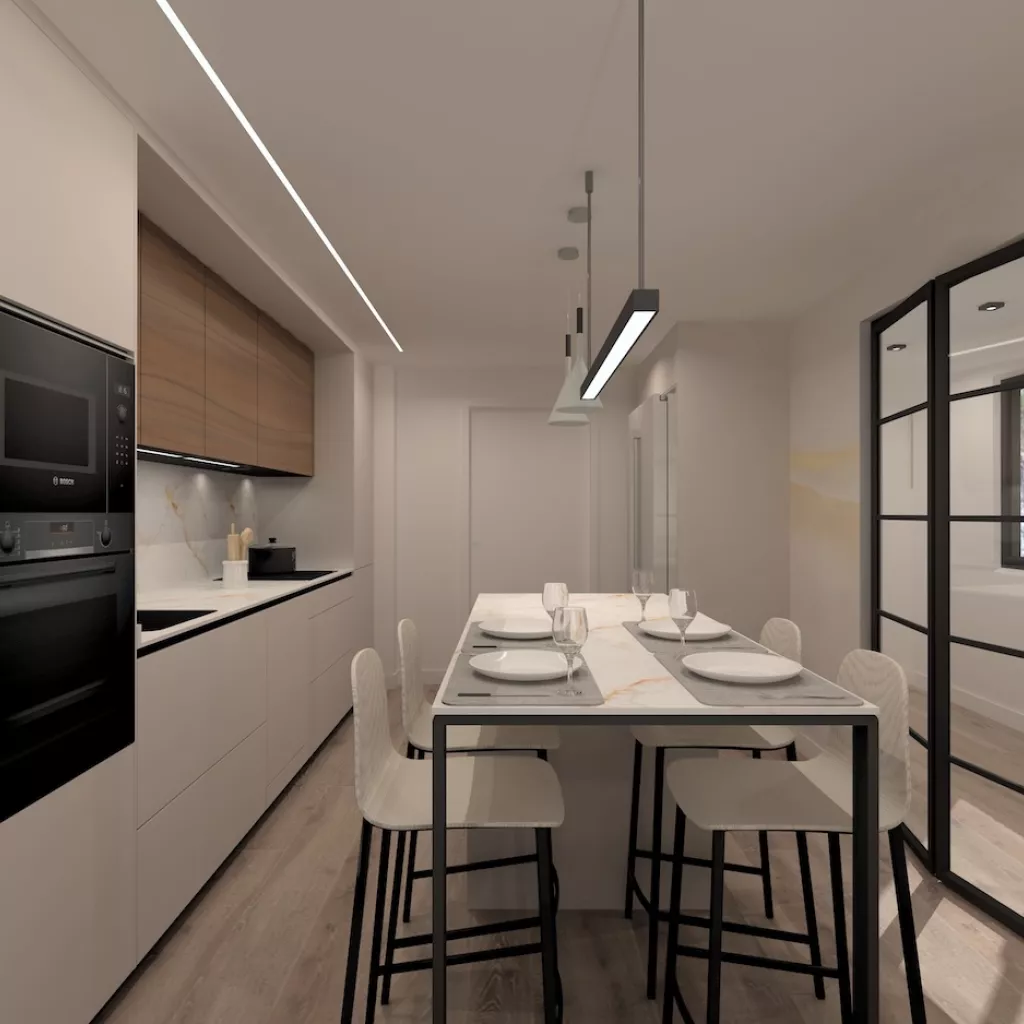 Cocina Blanca lineal con isla