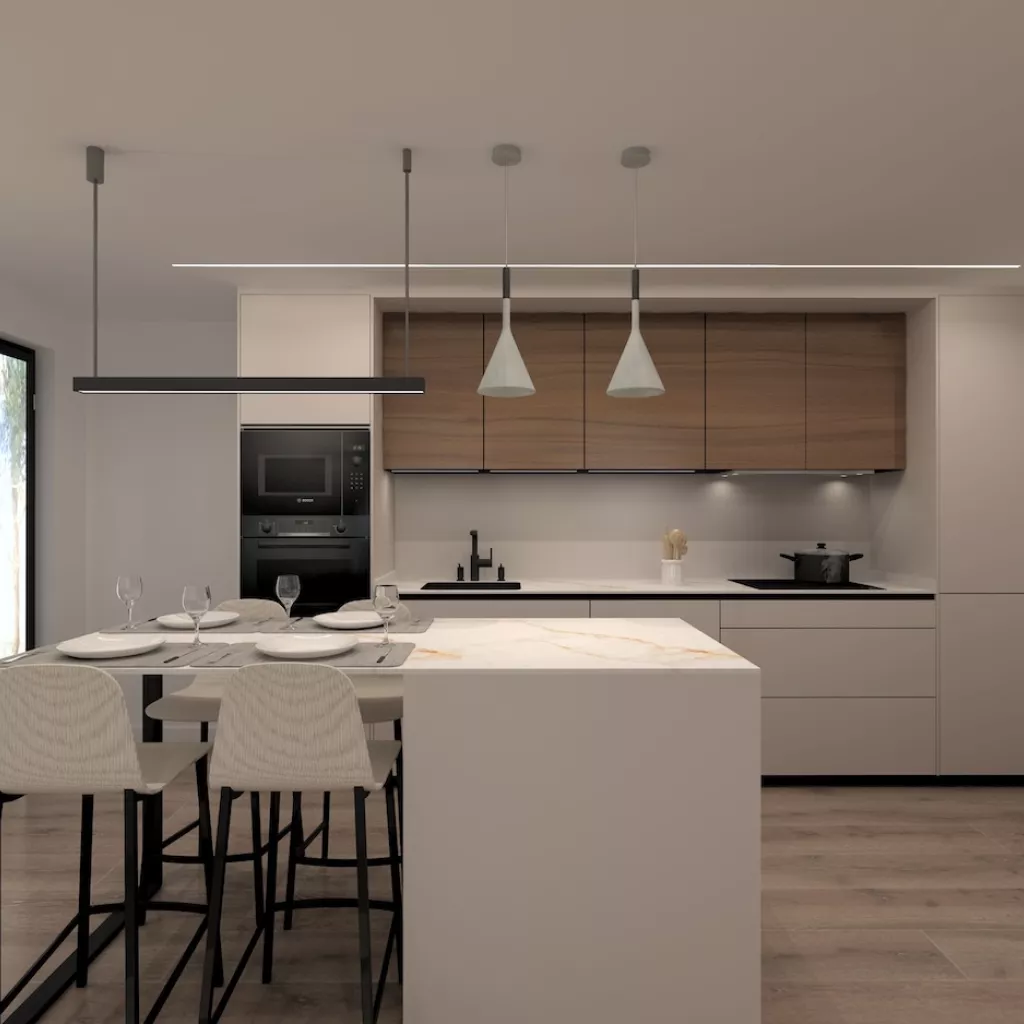 Cocina Blanca lineal con isla