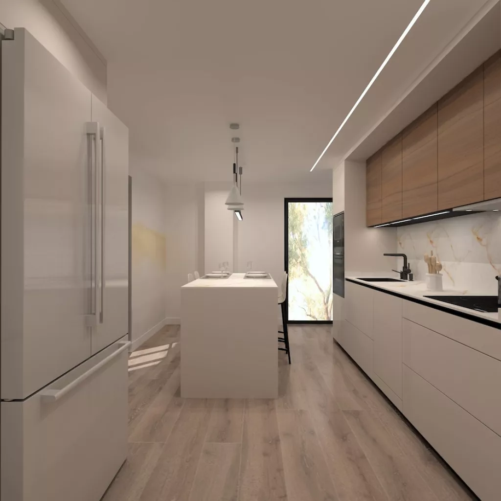 Cocina Blanca lineal con isla