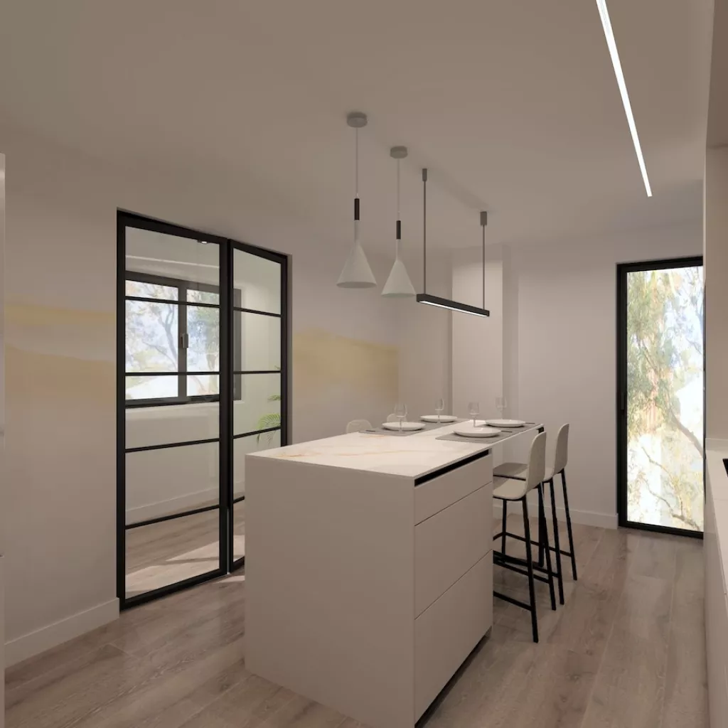 Cocina Blanca lineal con isla