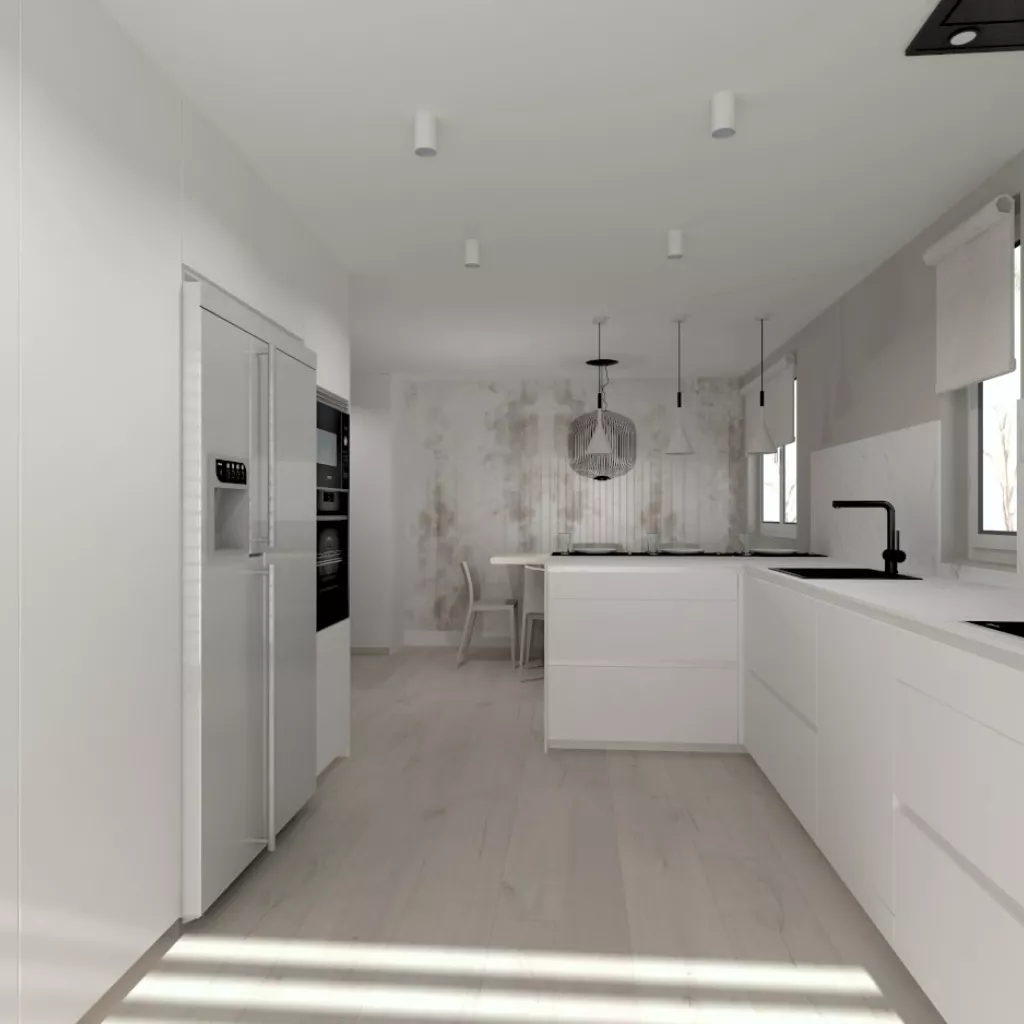 Cocina Santos blanca en L con encimera Dekton