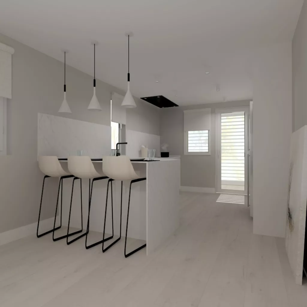 Cocina Santos blanca en L con encimera Dekton