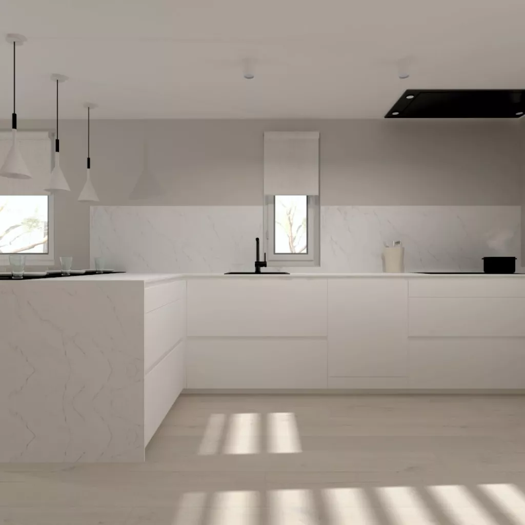 Cocina Santos blanca en L con encimera Dekton