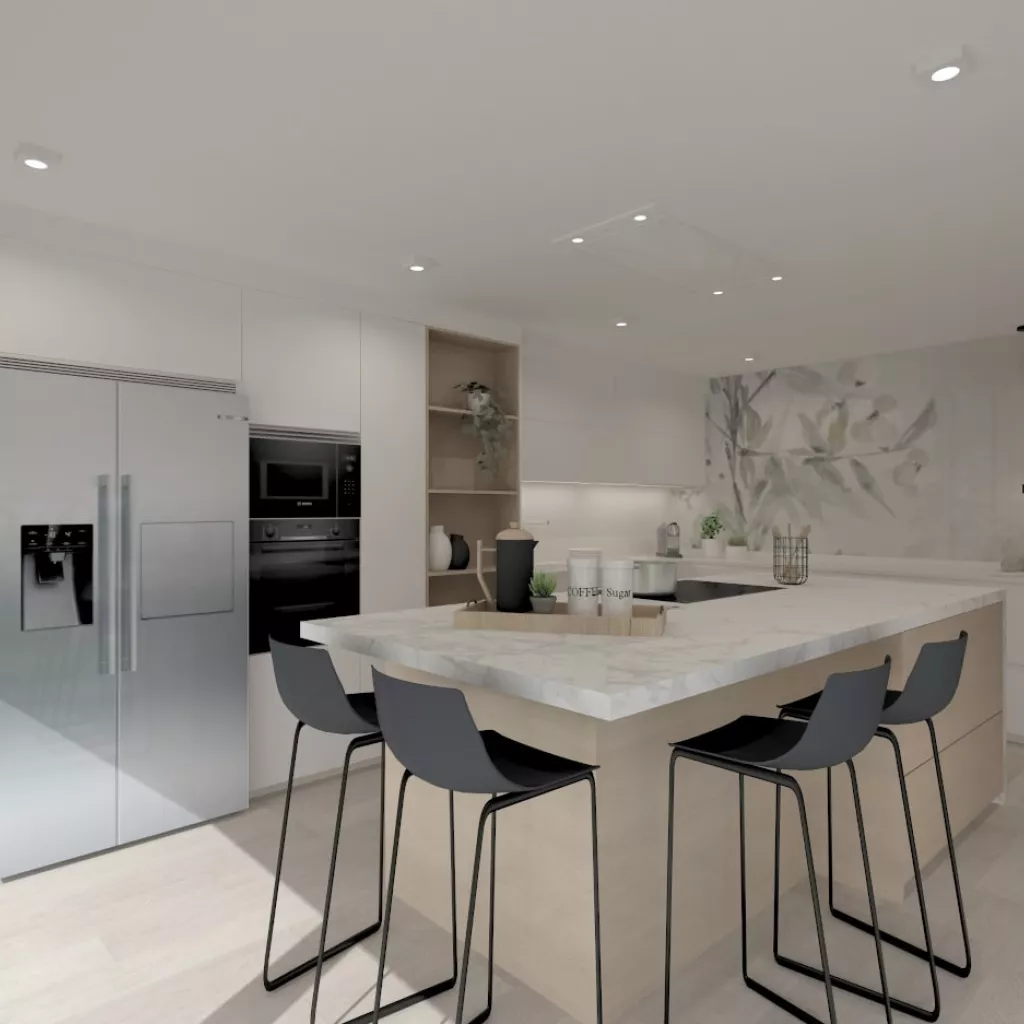 Cocina Santos blanca y madera con isla