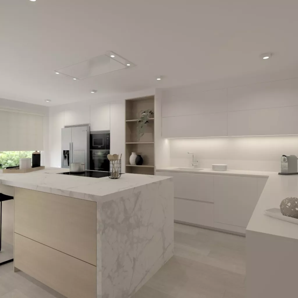 Cocina Santos blanca y madera con isla