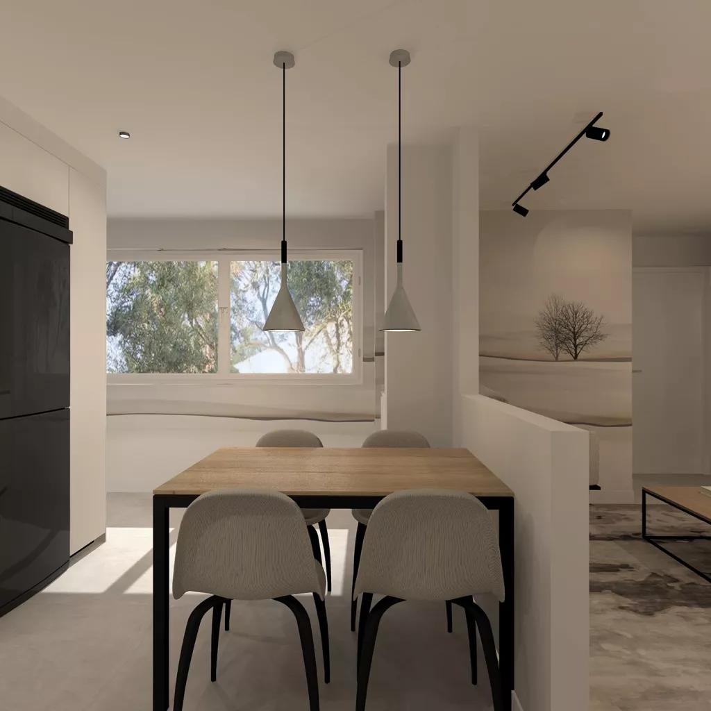 Cocina Santos Blanca Seff semiabierta al salón con electrodomésticos negros y encimera Super Blanco Gris