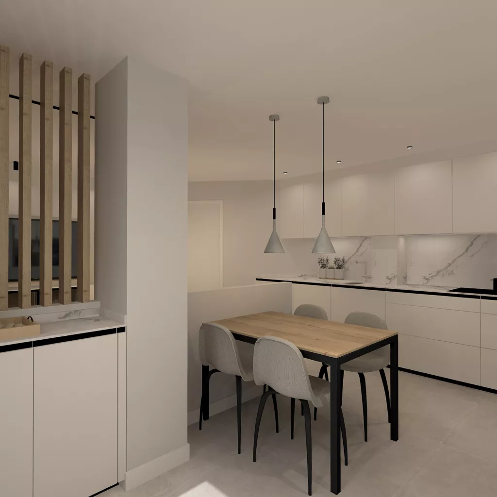 Cocina Santos Blanca Seff semiabierta al salón con electrodomésticos negros y encimera Super Blanco Gris