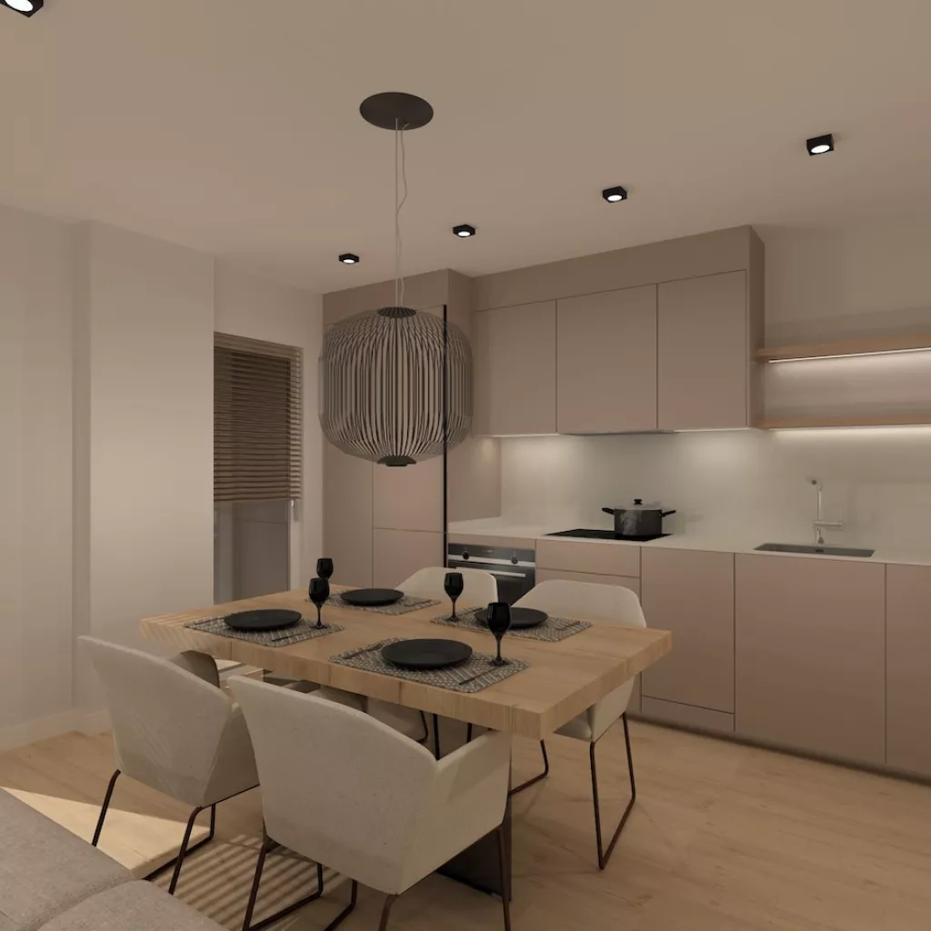 Cocina gris arena con mesa comedor