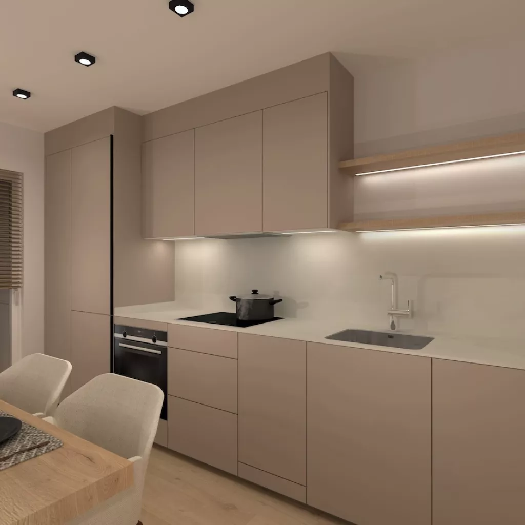 Cocina gris arena con mesa comedor