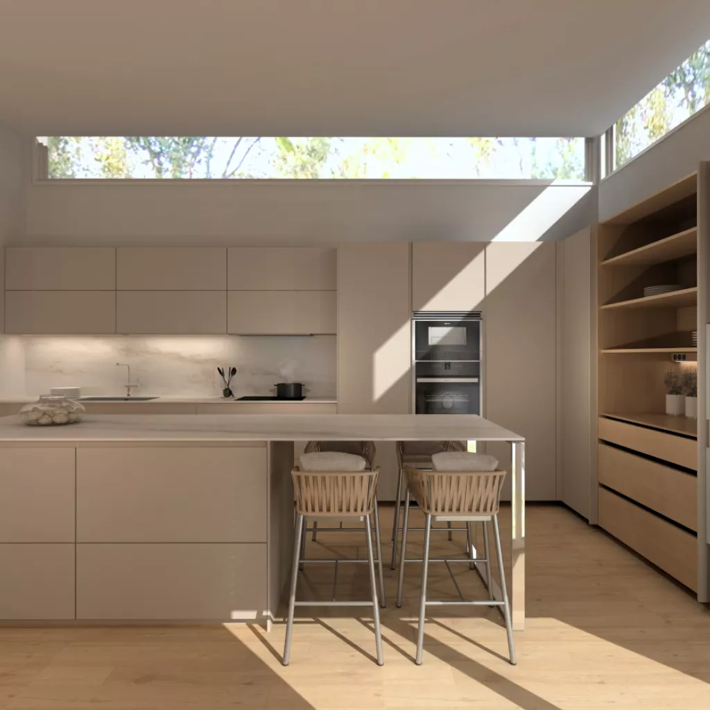 Cocina gris arena y roble con isla