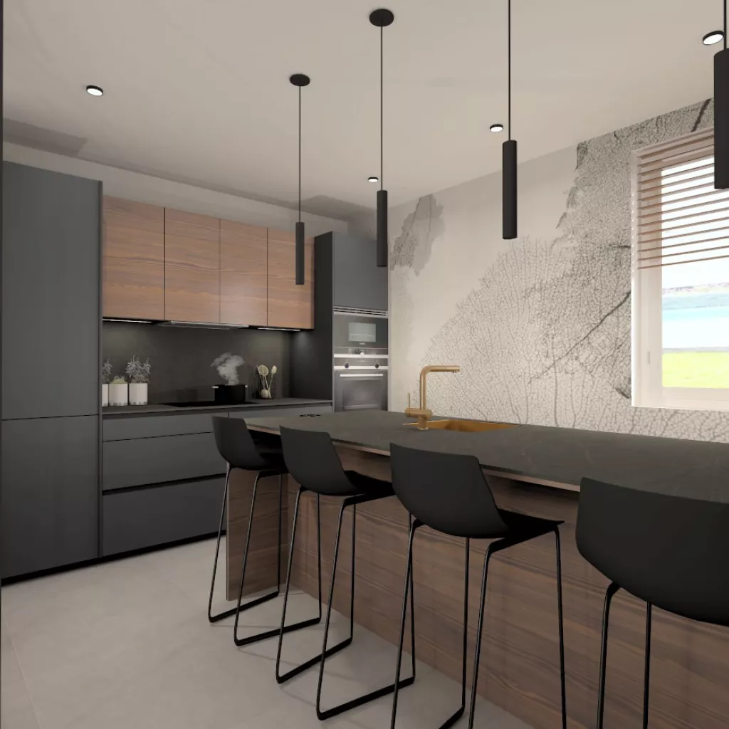 Cocina gris y nogal con isla