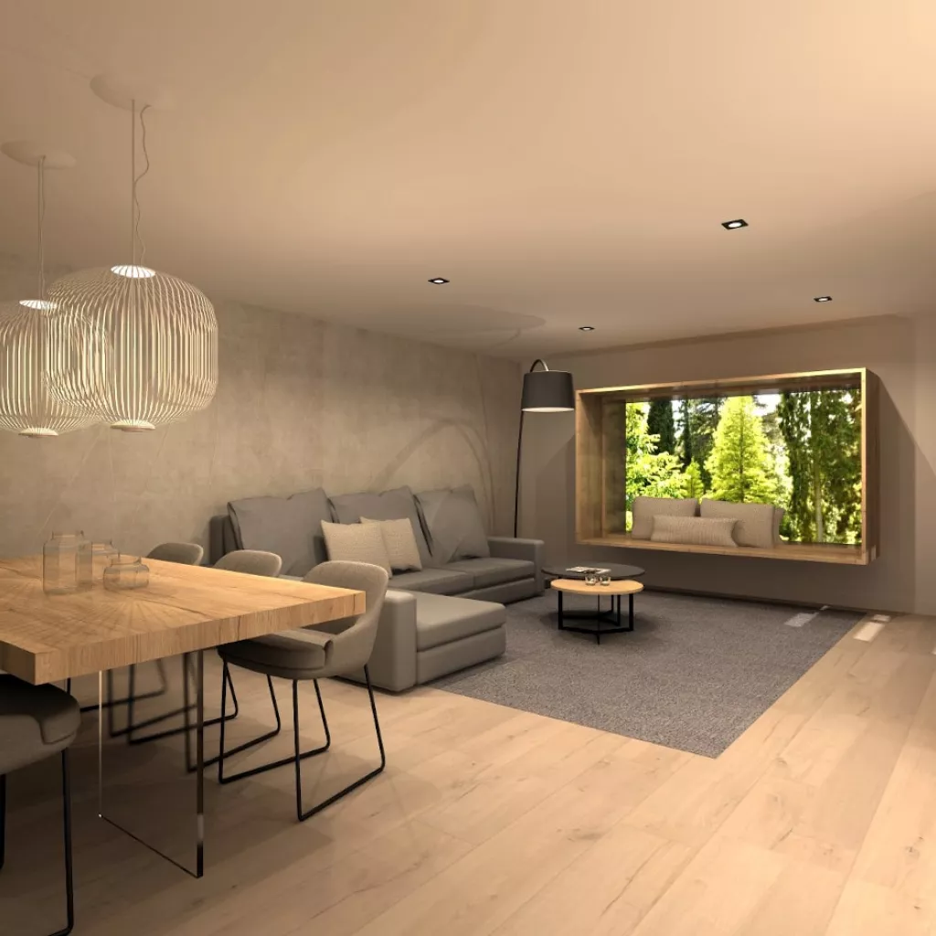 Cocina Santos blanca abierta al salón con encimera de Neolith