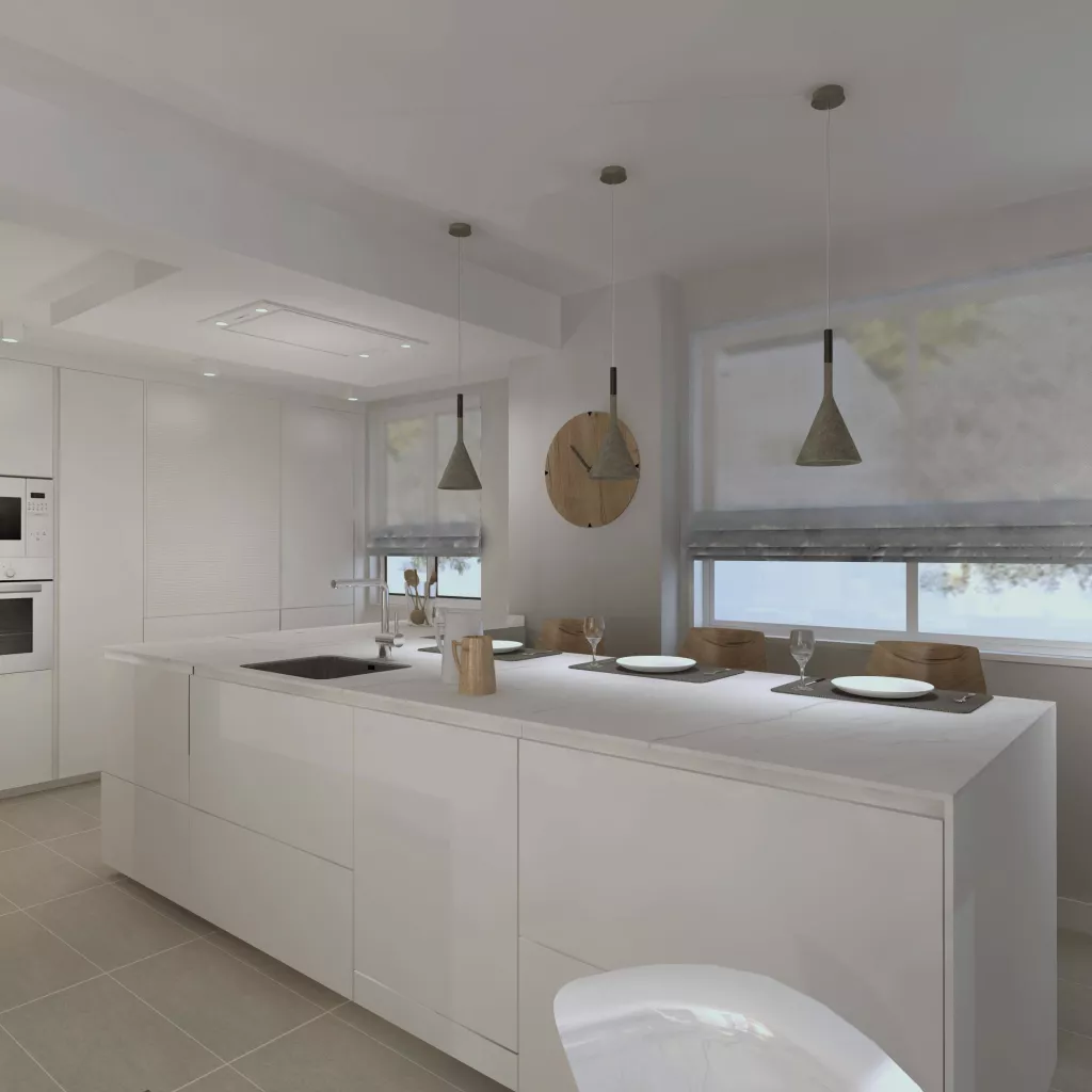 Cocina Santos blanca abierta al salón