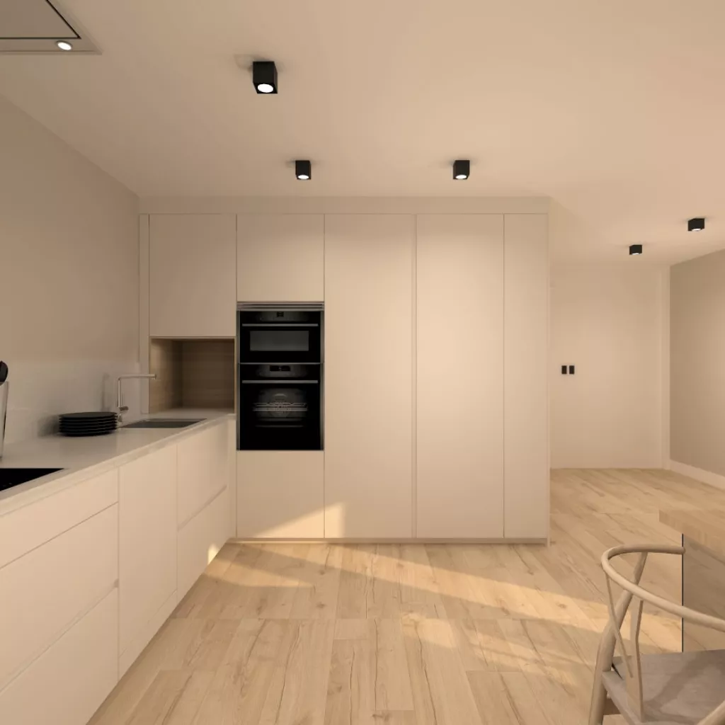 Cocina Santos blanca con distribución en L