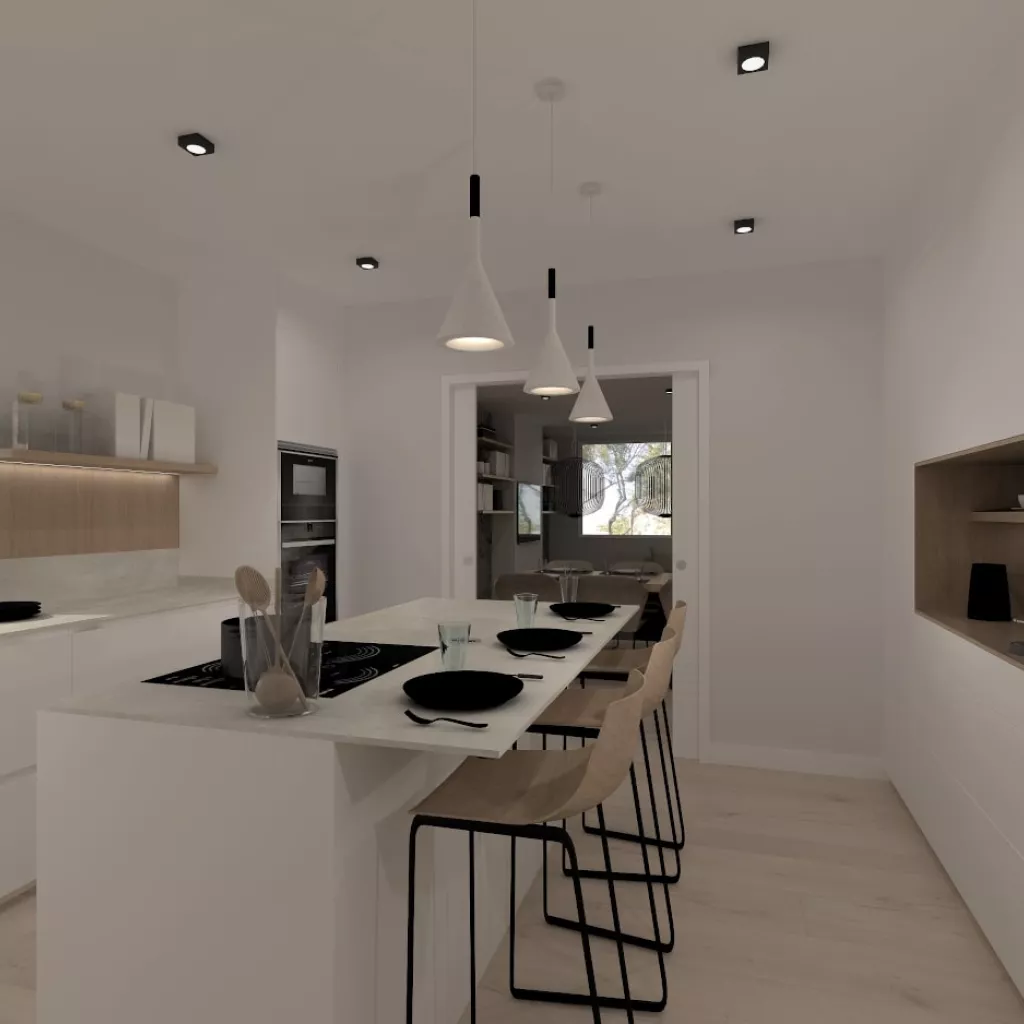 Cocina Santos blanca con isla y encímela Sapiestone