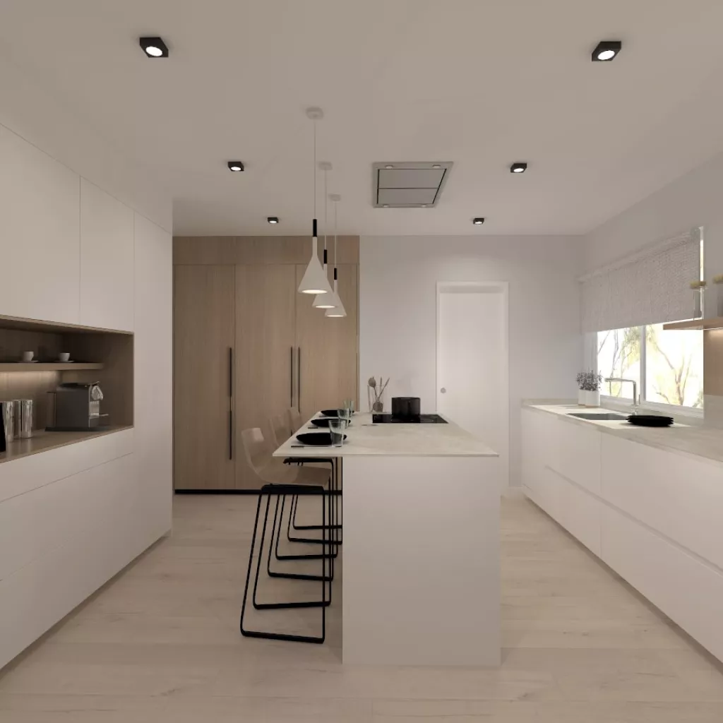 Cocina Santos blanca con isla y encímela Sapiestone