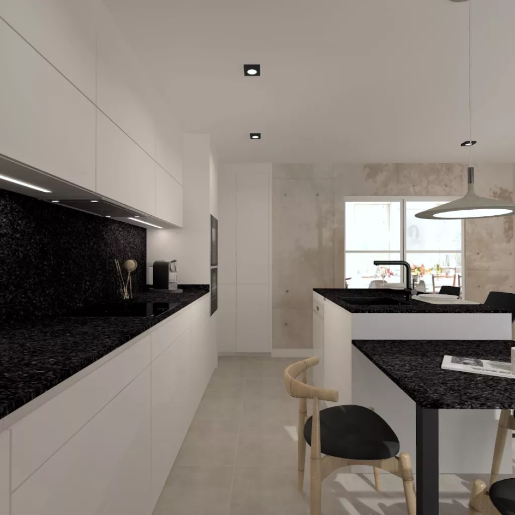 Cocina Santos blanca con isla y barra