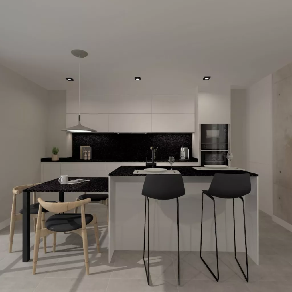 Cocina Santos blanca con isla y barra