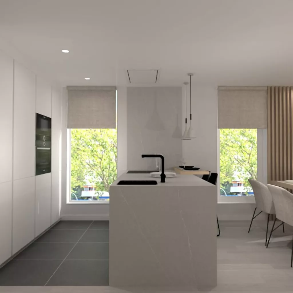 Cocina Santos blanca con península abierta al salón