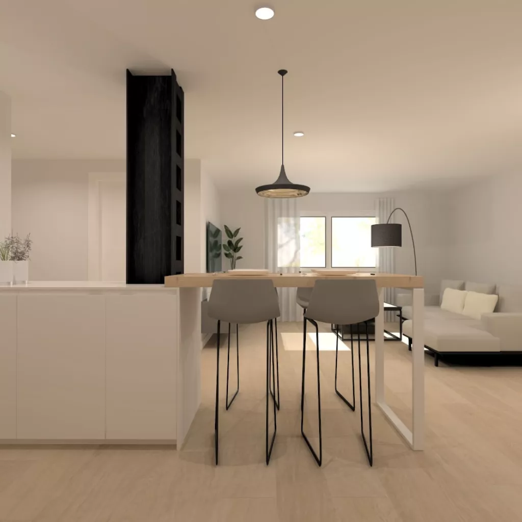 Cocina Santos blanca con península abierta al salón con encimera de silestone