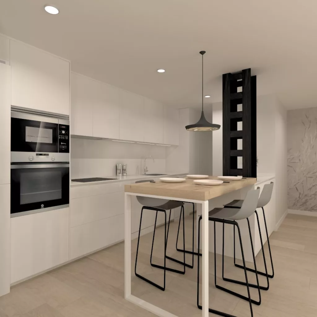 Cocina Santos blanca con península y encimera Silestone