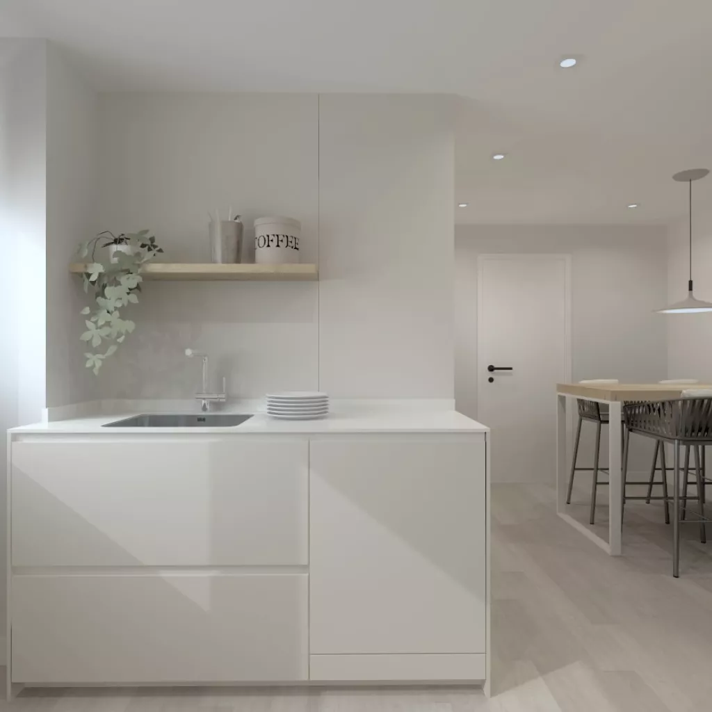 Cocina Santos blanca en paralelo con encimera de Ascale