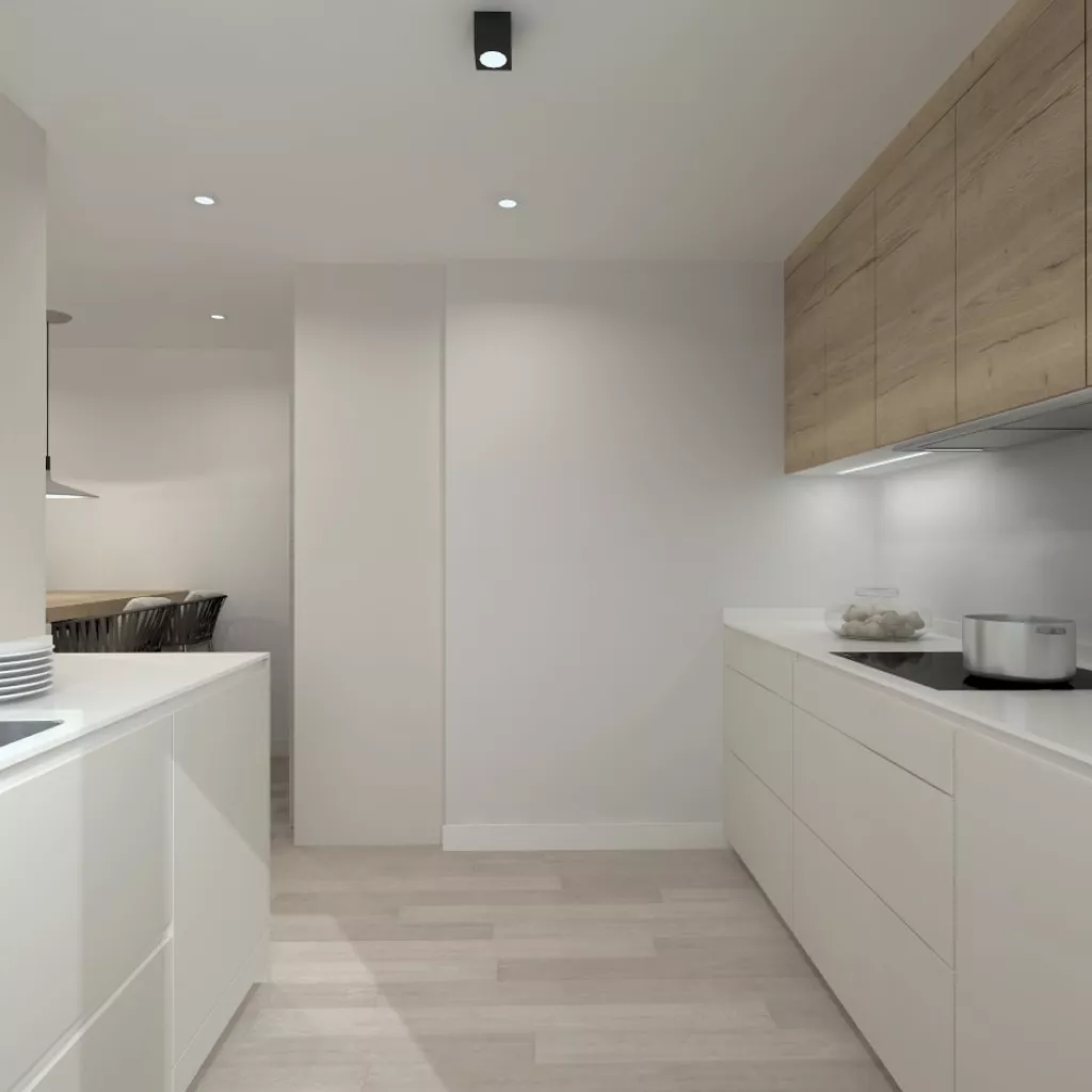 Cocina Santos blanca en paralelo con encimera de Ascale