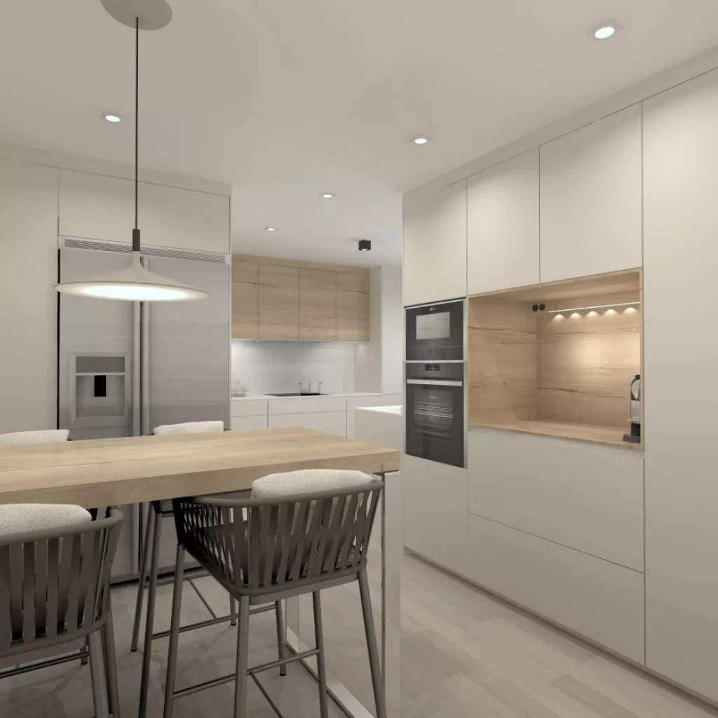 Cocina Santos blanca en paralelo con encimera de Ascale