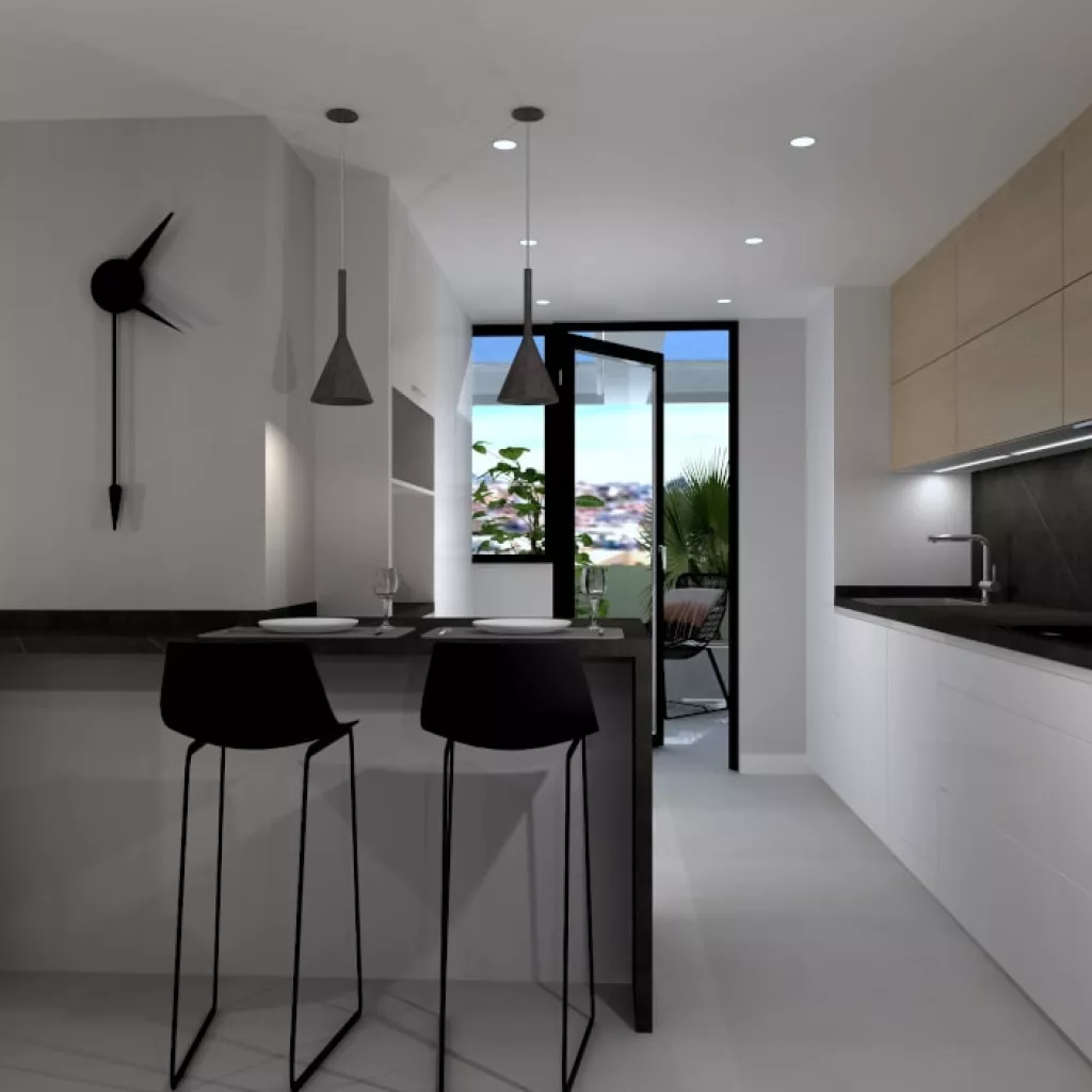 Cocina Santos blanca en paralelo con encimera de Neolith