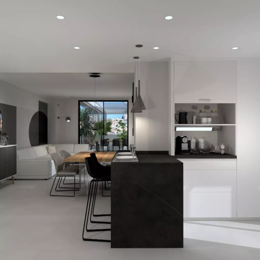 Cocina Santos blanca en paralelo con encimera de Neolith