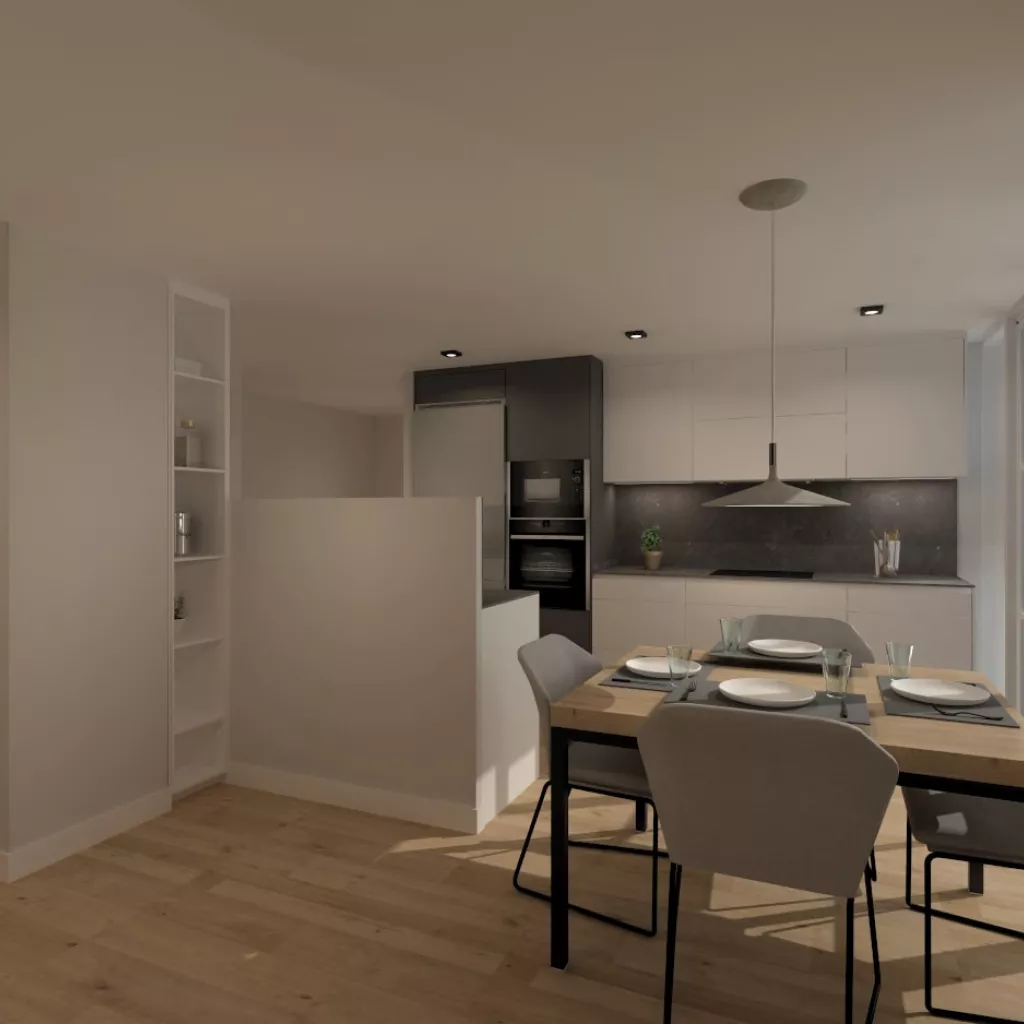 Cocina Santos blanca y gris abierta al salón con encimera de Dekton