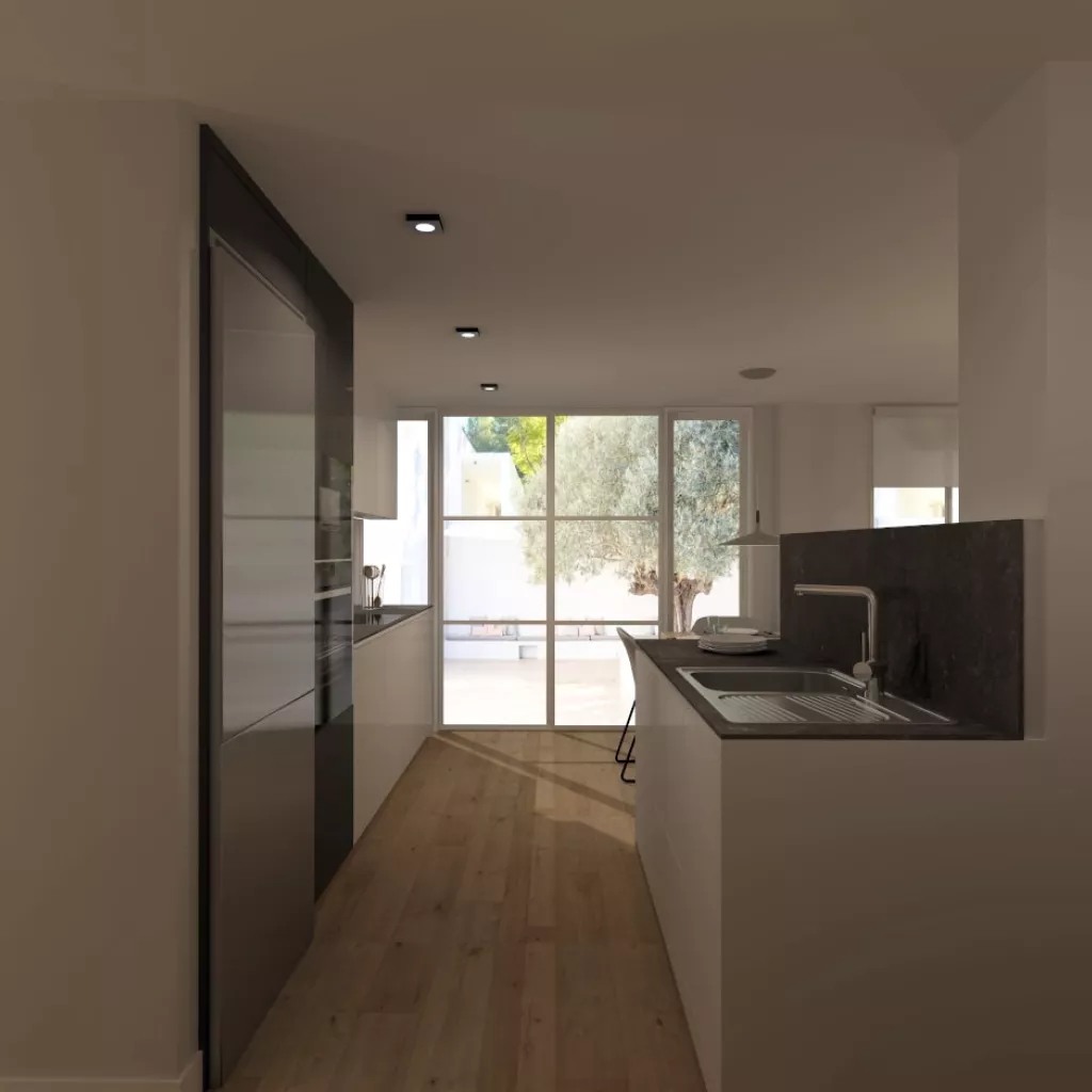 Cocina Santos blanca y gris abierta al salón con encimera de Dekton