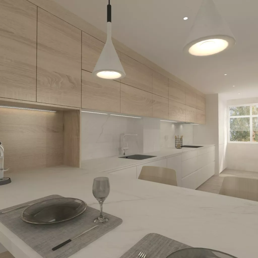Cocina Santos blanca y roble en l con encimera de Neolith