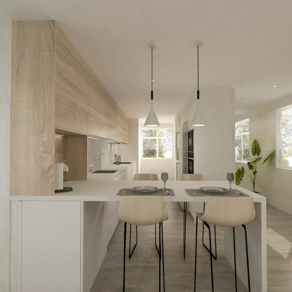 Cocina Santos blanca y roble en l con encimera de Neolith