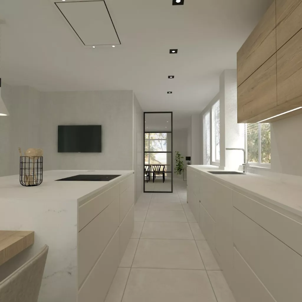 Cocina Santos blanca y roble con isla y encimera de Dekton