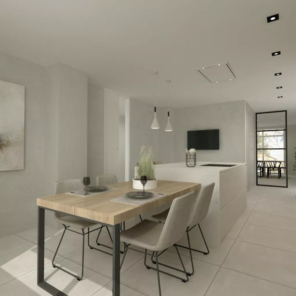 Cocina Santos blanca y roble con isla y encimera de Dekton