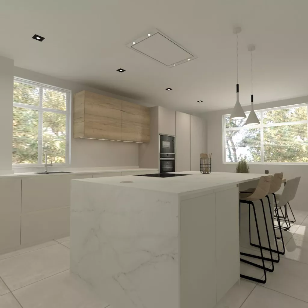 Cocina Santos blanca y roble con isla y encimera de Dekton