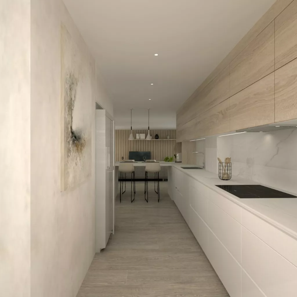 Cocina Santos blanca y roble en l con encimera de Neolith