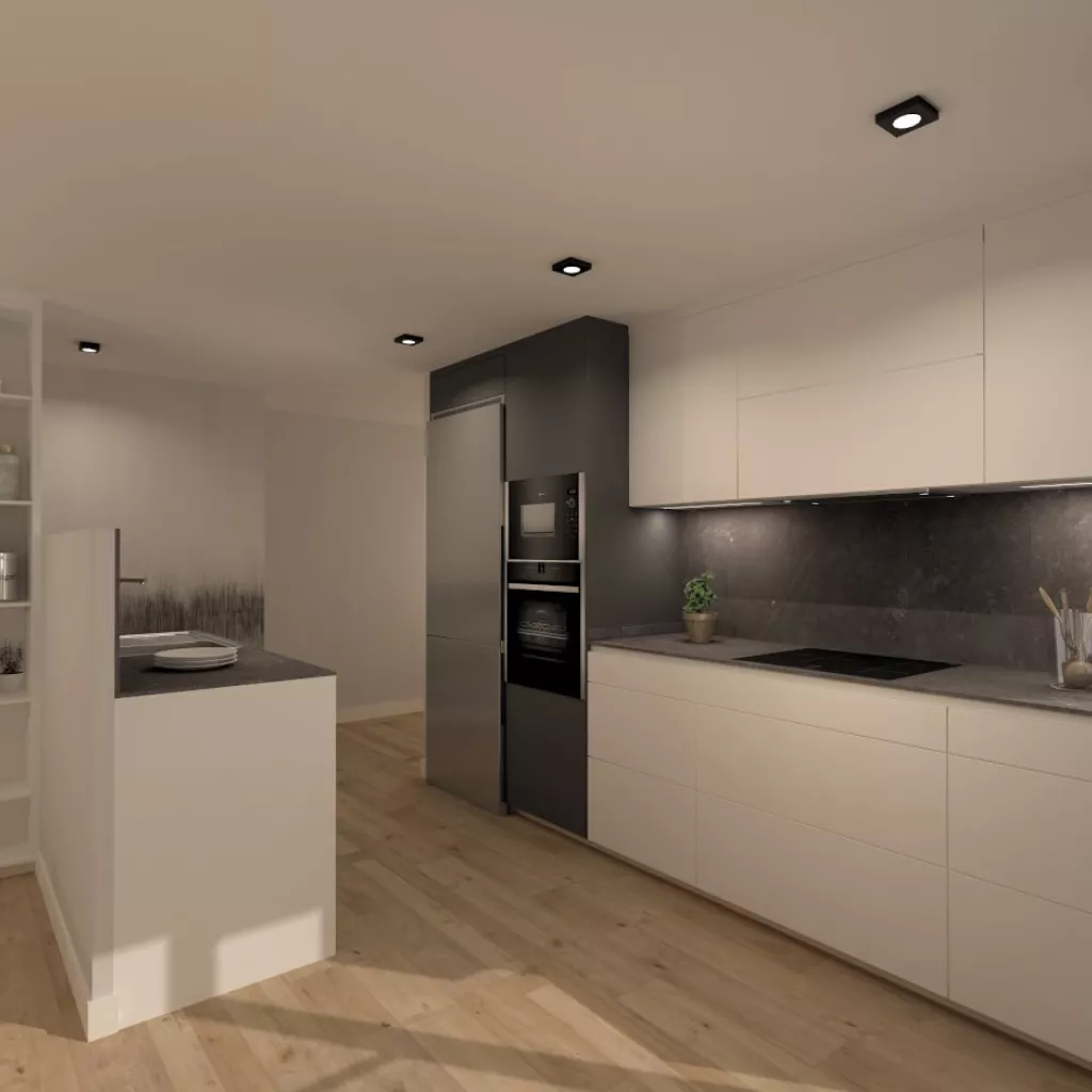 Cocina Santos blanca y gris abierta al salón con encimera de Dekton