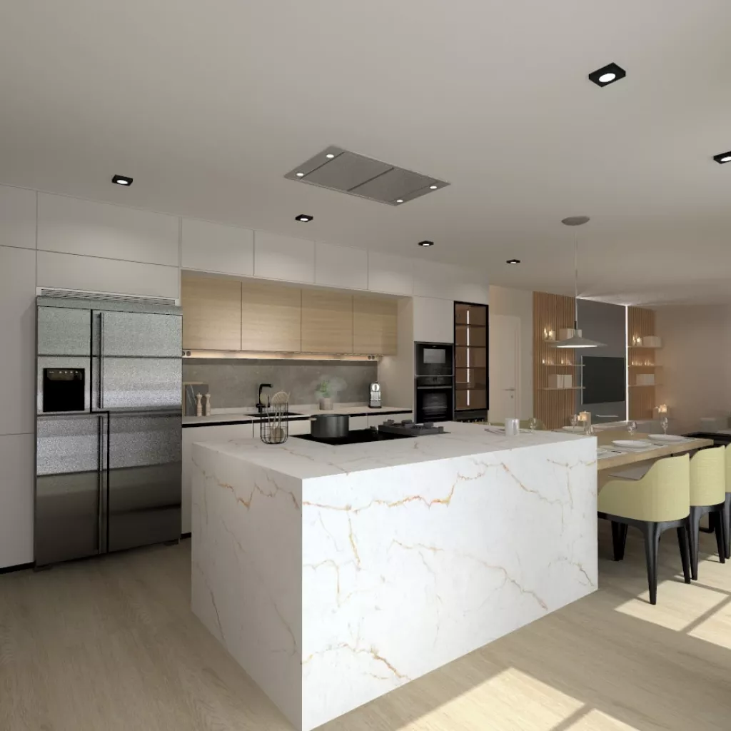 Cocina Santos blanca y madera con isla abierta al salón