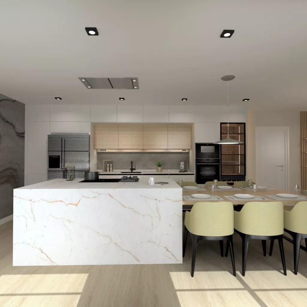 Cocina Santos blanca y madera con isla abierta al salón