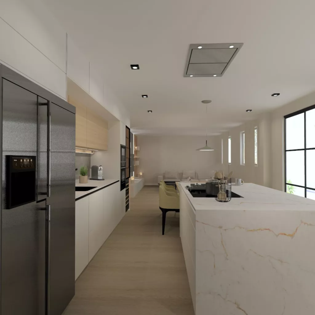 Cocina Santos blanca y madera con isla