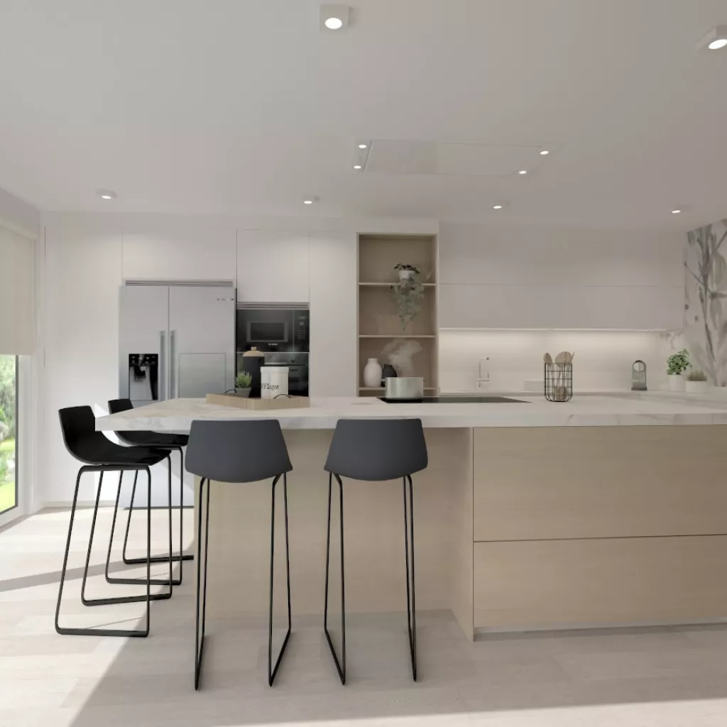 Cocina Santos blanca y madera con isla