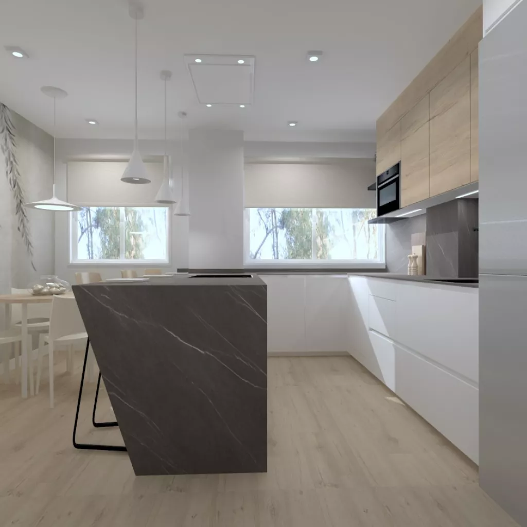 Cocina Santos blanca y madera con península